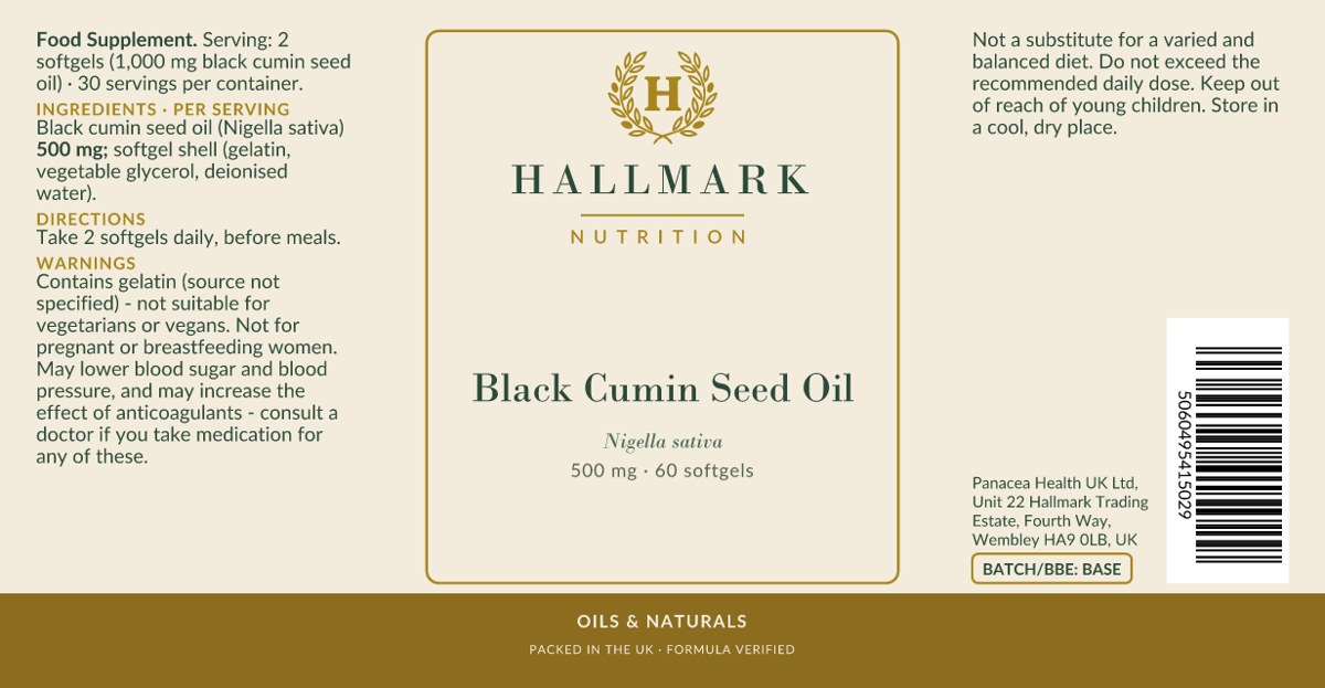 Black Cumin Seed Oil label, front and back