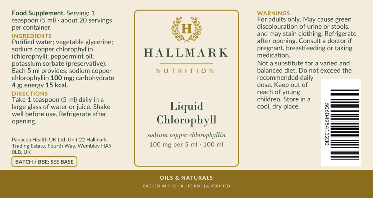 Liquid Chlorophyll label, front and back