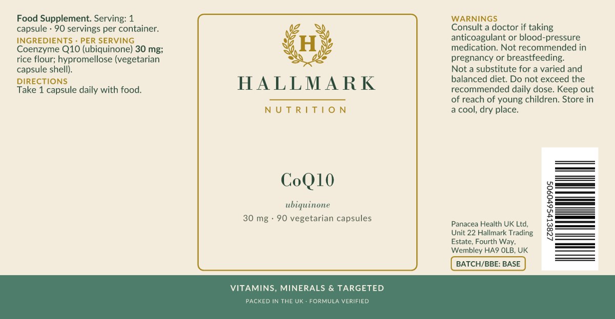 CoQ10 label, front and back
