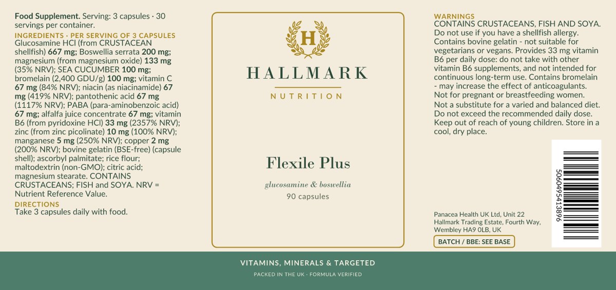 Flexile Plus label, front and back