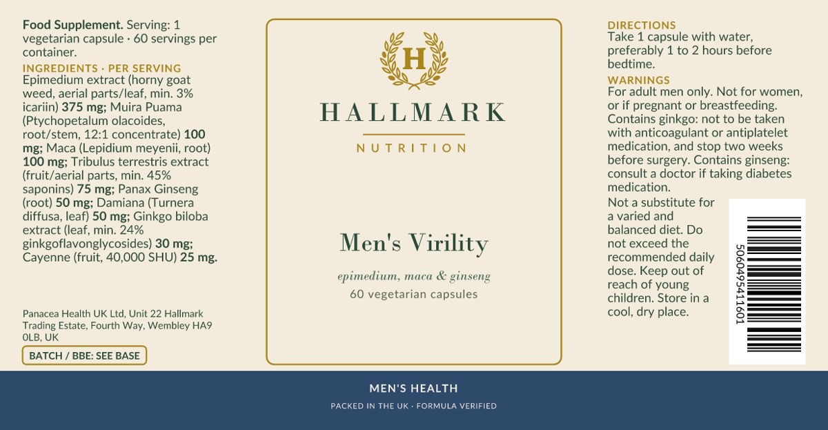 Men's Virility label, front and back