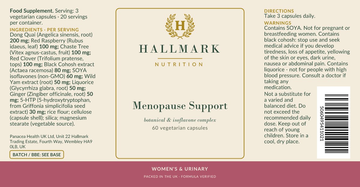 Menopause Support label, front and back