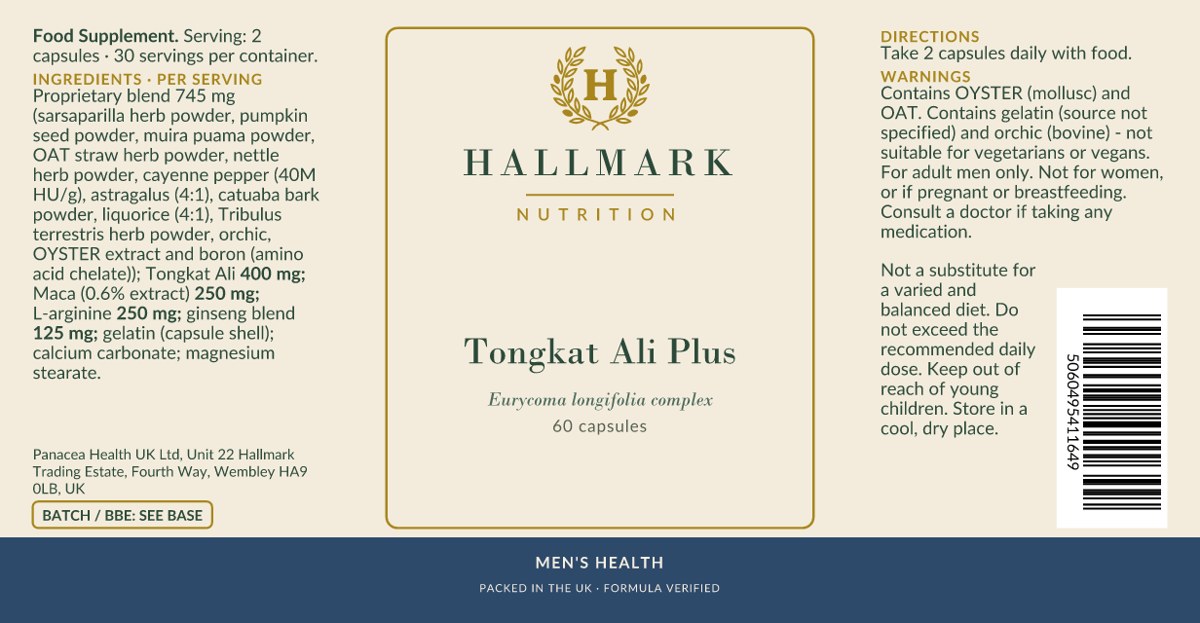 Tongkat Ali Plus label, front and back