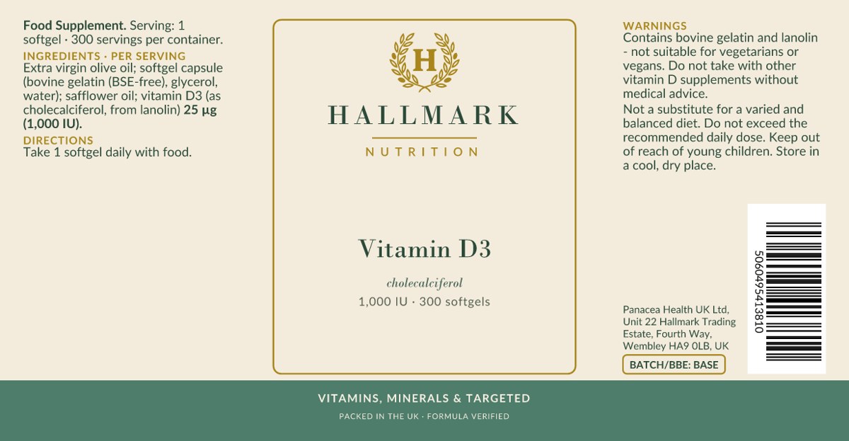 Vitamin D3 label, front and back