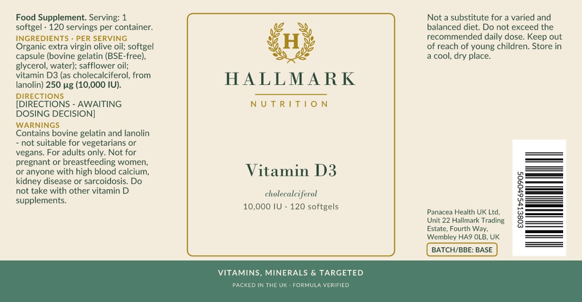 Vitamin D3 label, front and back